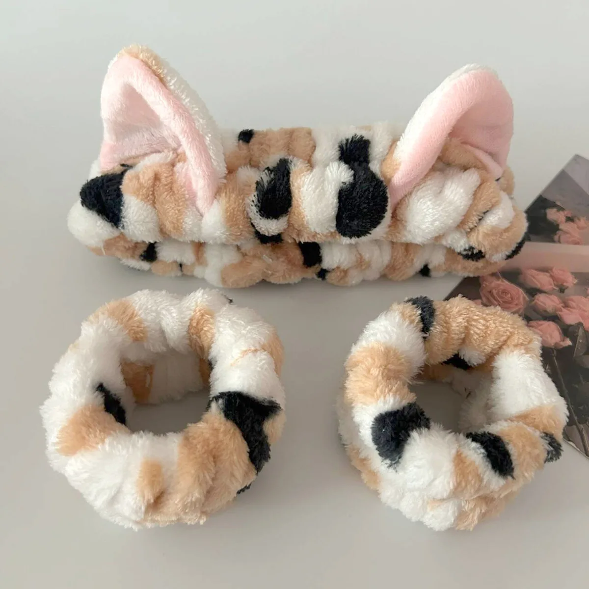 Makeup Beauty Set - 3個セット 可愛い猫耳レオパード柄ぬいぐるみヘッドバンド レディース ガールズ スパ 洗顔