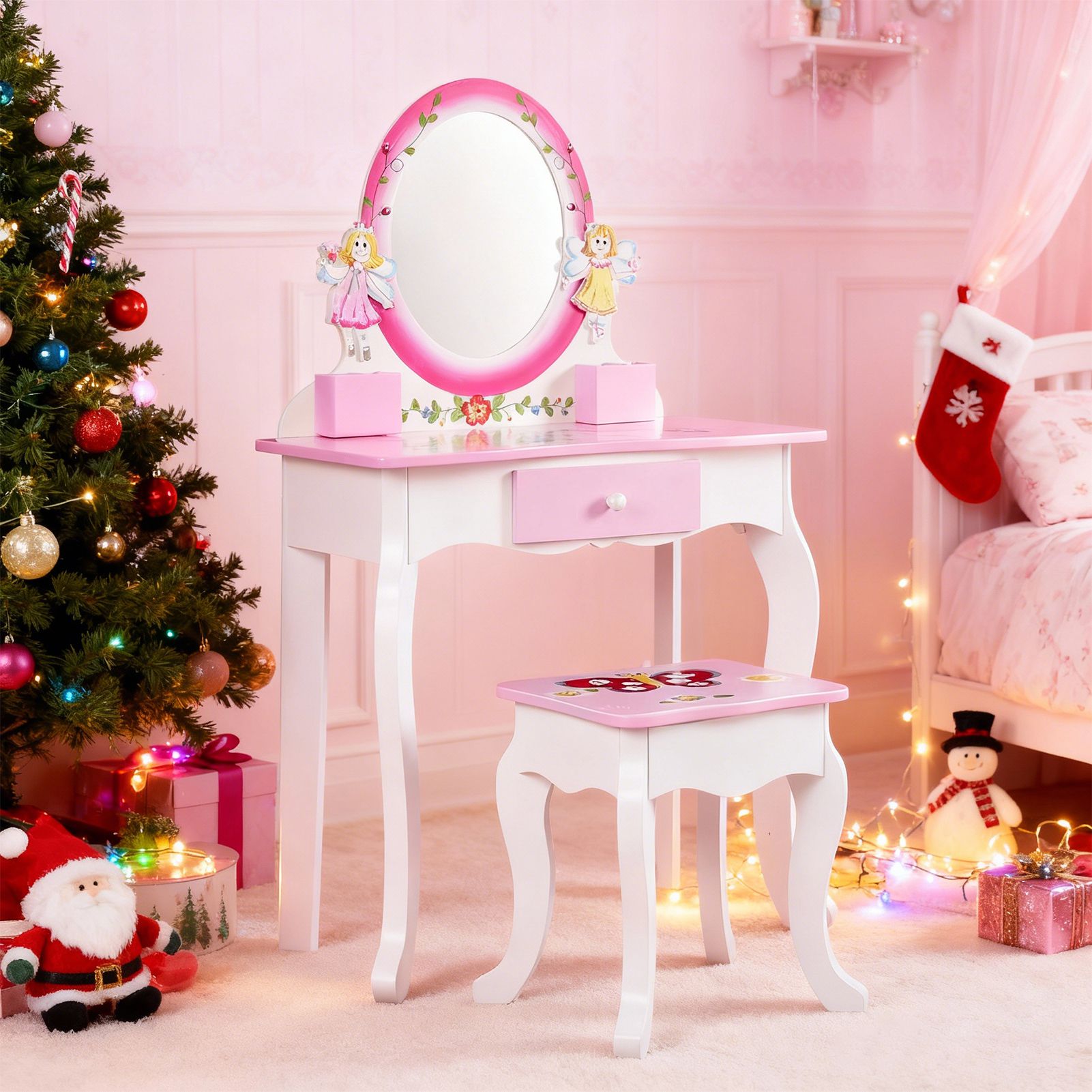 Beauty Makeup Kit For Kids - 子供用化粧台セット 花柄プリント木製メイクアップドレッシングプリンセステーブル ミラーとスツール付き ロールプレイング用 ピンク キッズバニティ