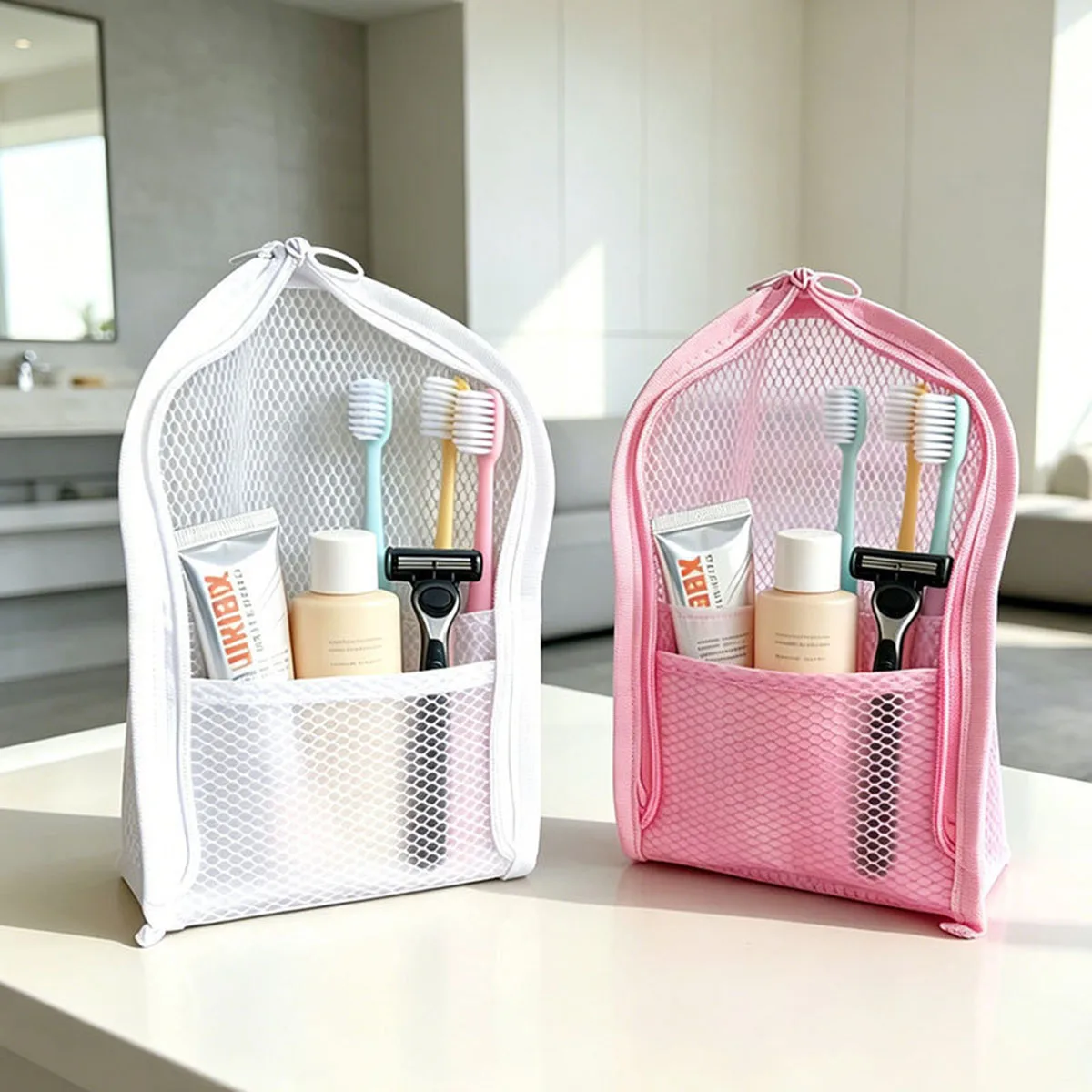 Beauty Makeup Case - 旅行用メッシュ製トイレタリーバッグ - 通気性・速乾性・防カビ性のある化粧品オーガナイザー（歯ブラシケース付き）