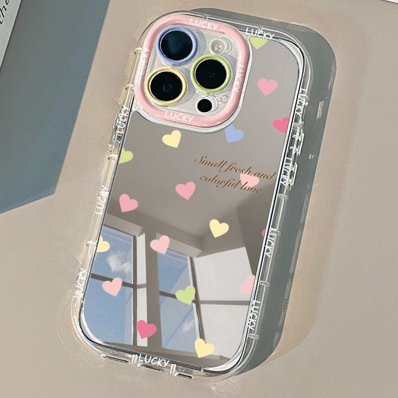 Beauty Makeup Case - 美しいカラフルな英語の愛の模様のミラー付きスマホケース iPhone 17 16 15 14