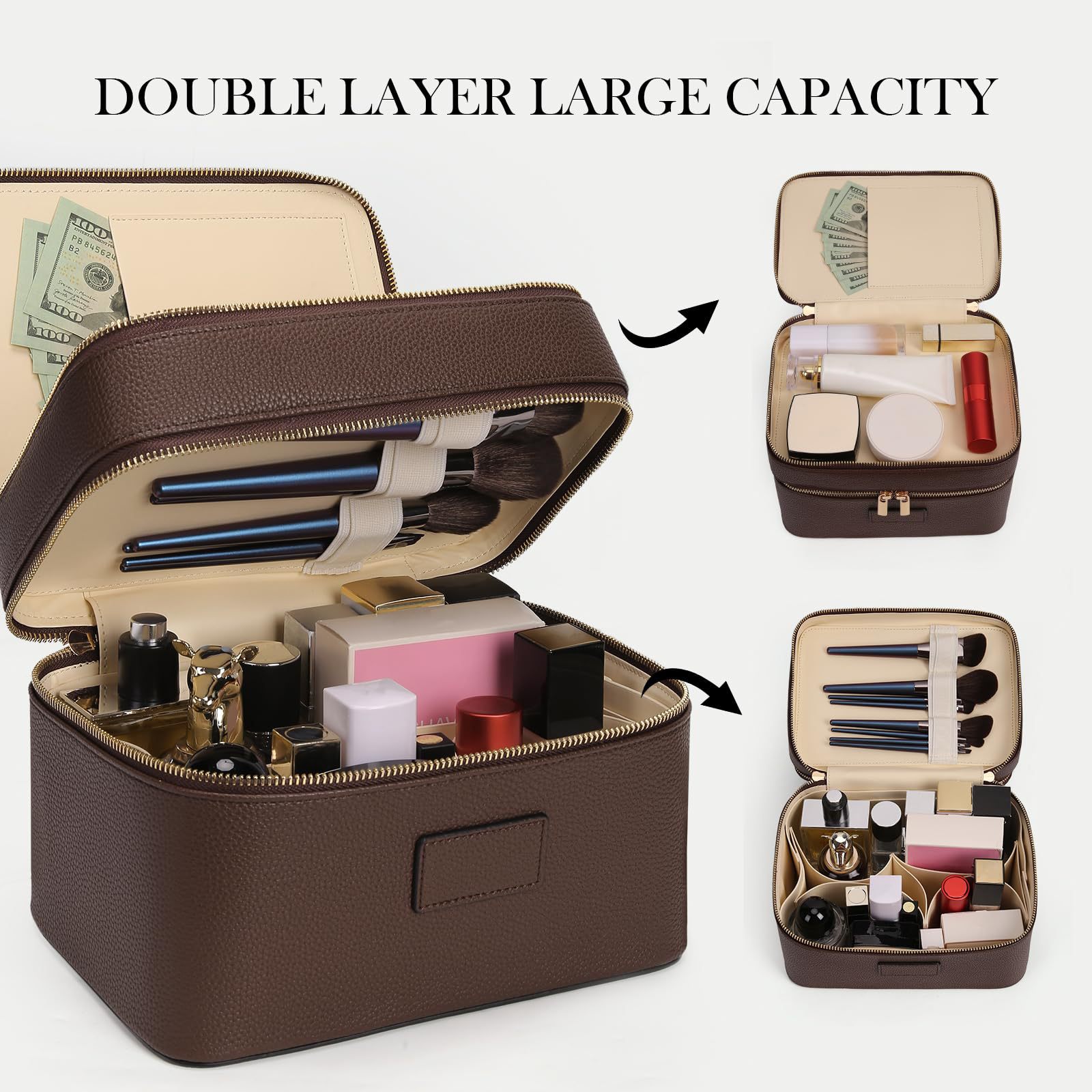 Beauty Makeup Case - 大容量二層式高級化粧ポーチ 旅行用トップハンドル付きポータブルPUレザー多仕切りバニティケース