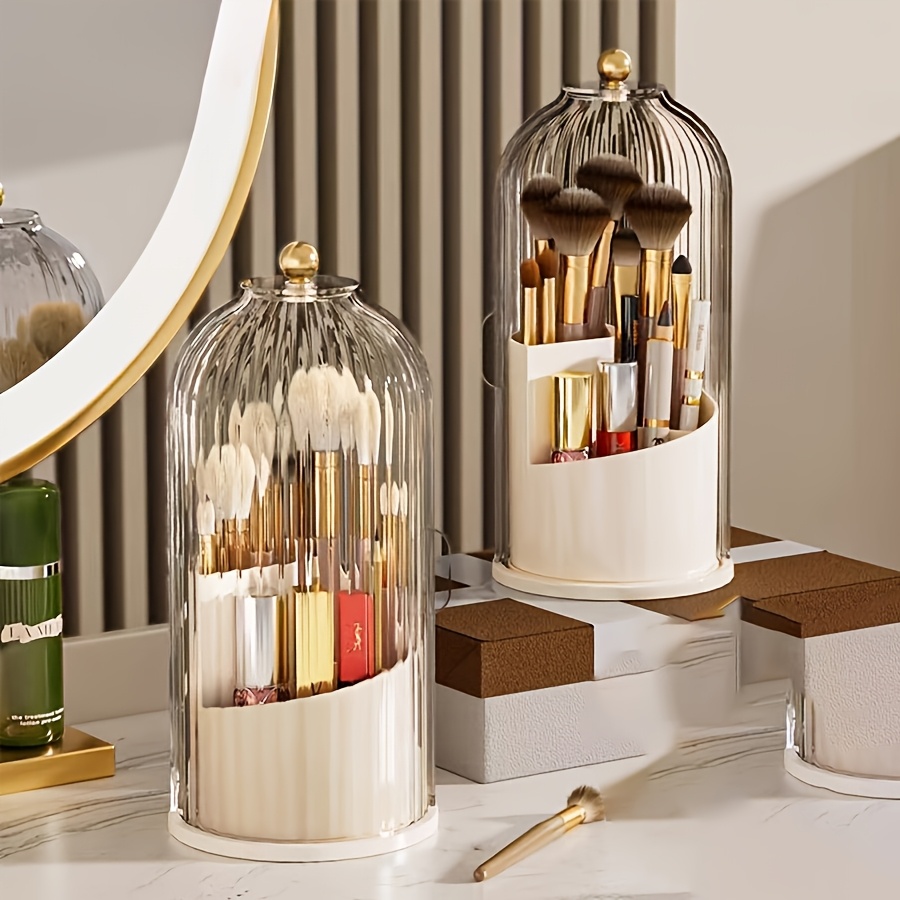 Beauty Makeup Store - 5点セット、360度回転式防塵美容収納ラック、透明な縦縞トップカバー付き、多区画化粧品収納ボックス、縦縞透明小型収納ボックス1個と小型ジュエリーボックス3個付き、防水バスルームアクセサリー化粧ブラシ収納ホルダー、化粧ブラシ、口紅、スキンケア製品、ジュエリーに最適、バスルームのカウンタートップ、化粧台、デスクトップにアイテムを収納可能