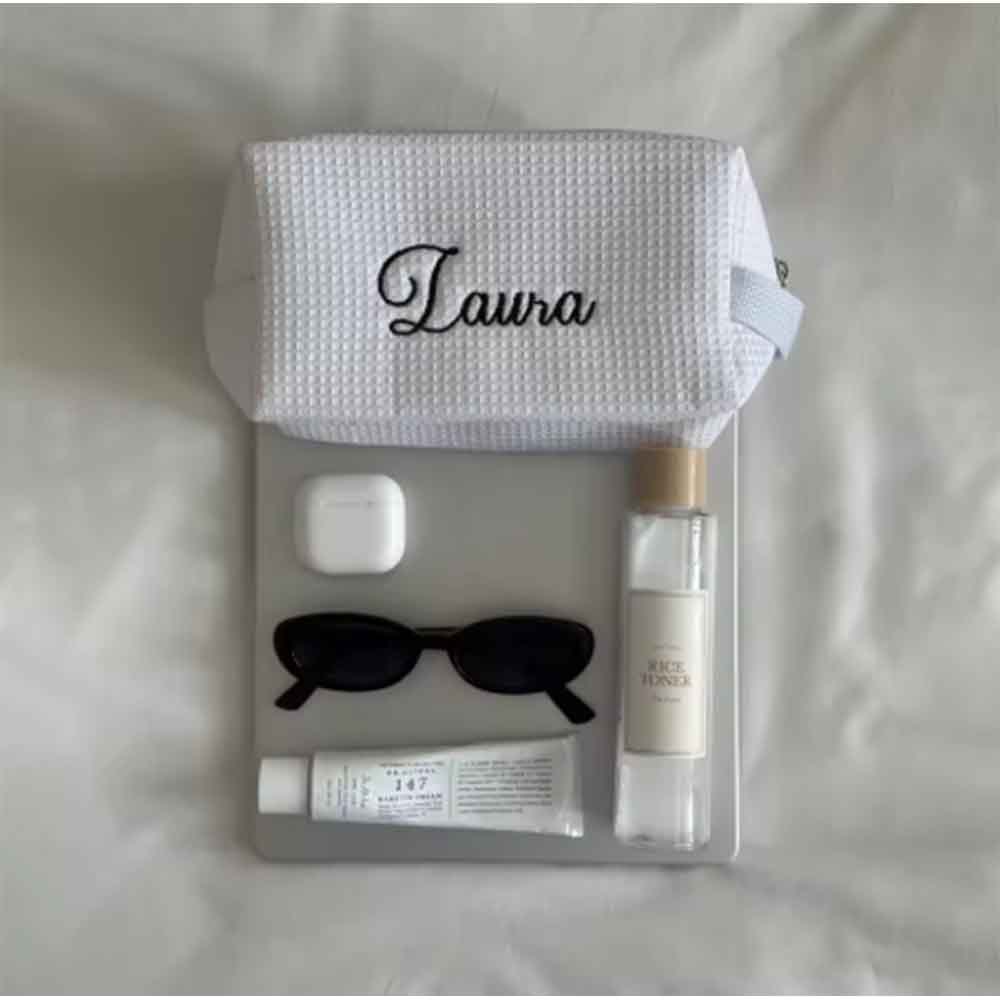 カスタム刺繍入り高級コットンワッフル生地のメイクアップバッグ - Beauty Makeup Events のレビューと価格