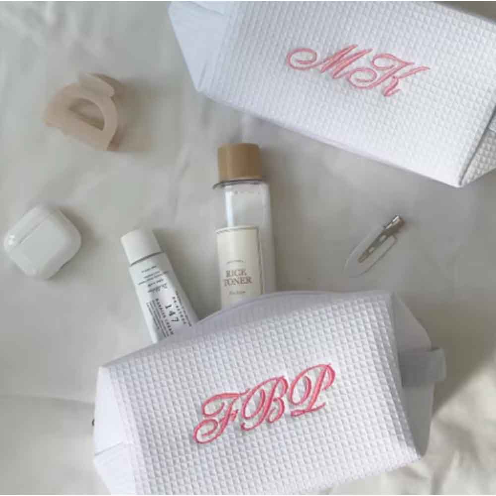 カスタム刺繍入り高級コットンワッフル生地のメイクアップバッグ - Beauty Makeup Events のレビューと価格