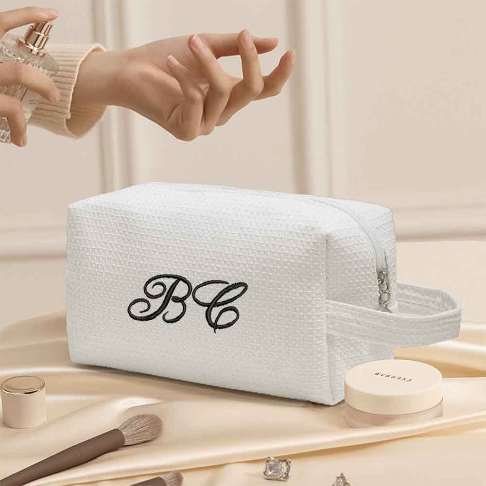 カスタム刺繍入り高級コットンワッフル生地のメイクアップバッグ - Beauty Makeup Events のレビューと価格