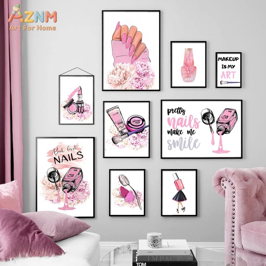 AZNM ピンクネイルメイクアップキャンバスウォールアート、 - Makeup Is Beauty Quotes のレビューと価格