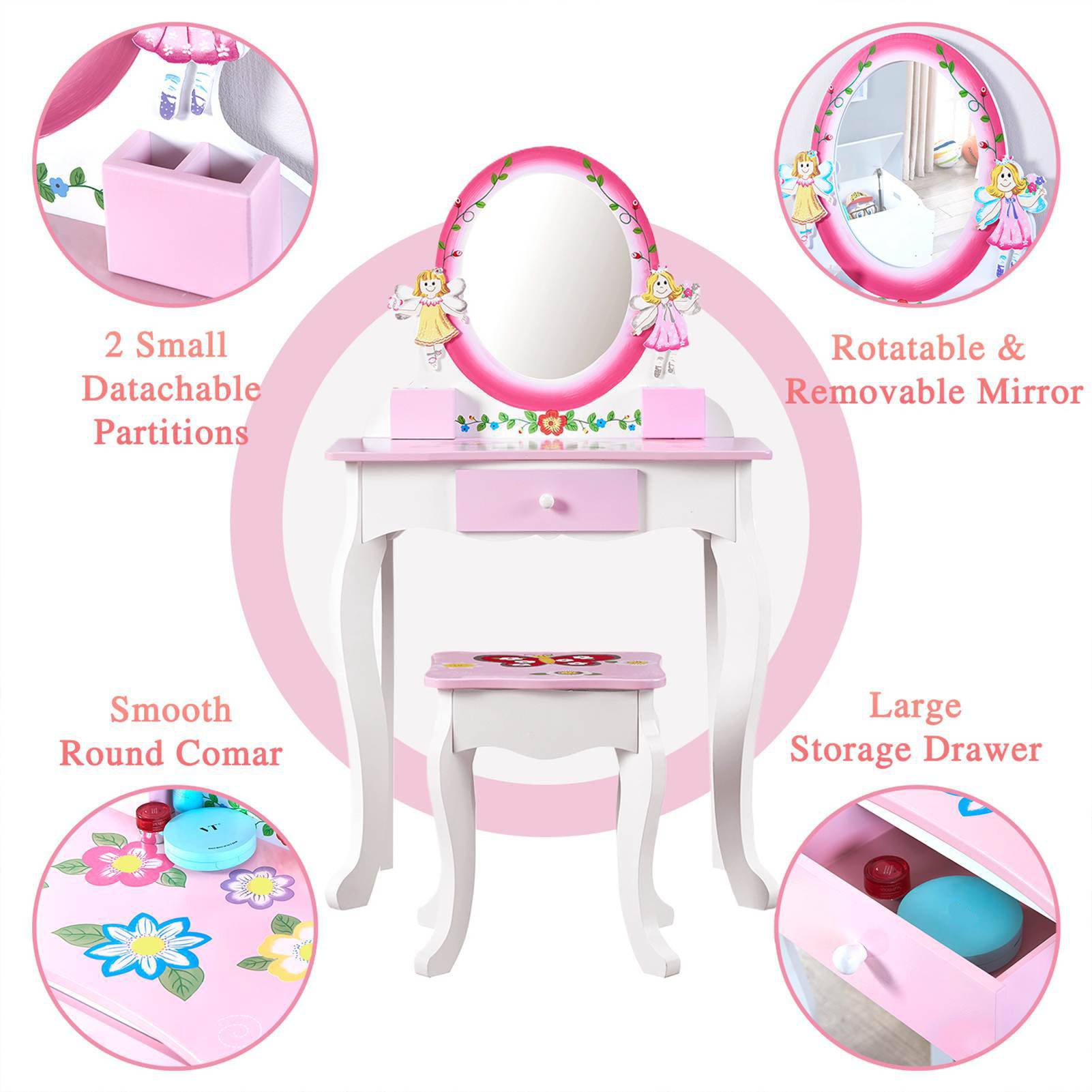 子供用化粧台セット 花柄プリント木製メイクアップドレッシング - Beauty Makeup Kit For Kids のレビューと価格