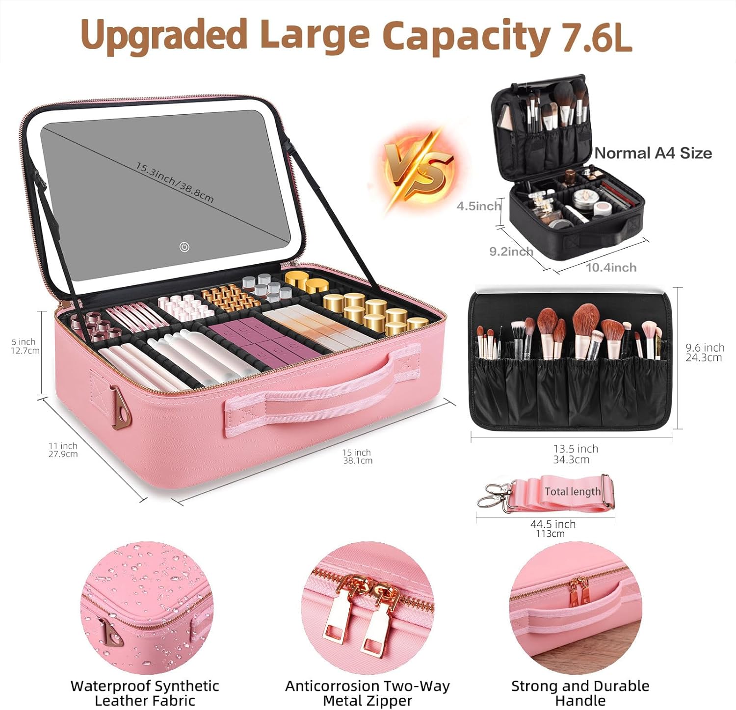大容量メイクアップバッグ 15インチ×11インチ LEDミラ - Beauty Makeup Case のレビューと価格